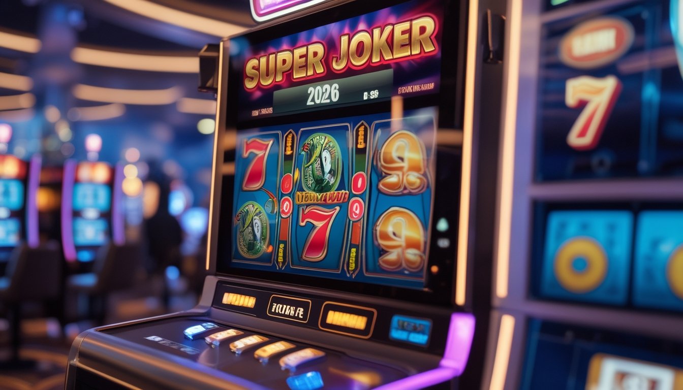 Mesin slot Super Joker di kasino modern dengan simbol warna-warni dan latar belakang interior kasino yang kabur.