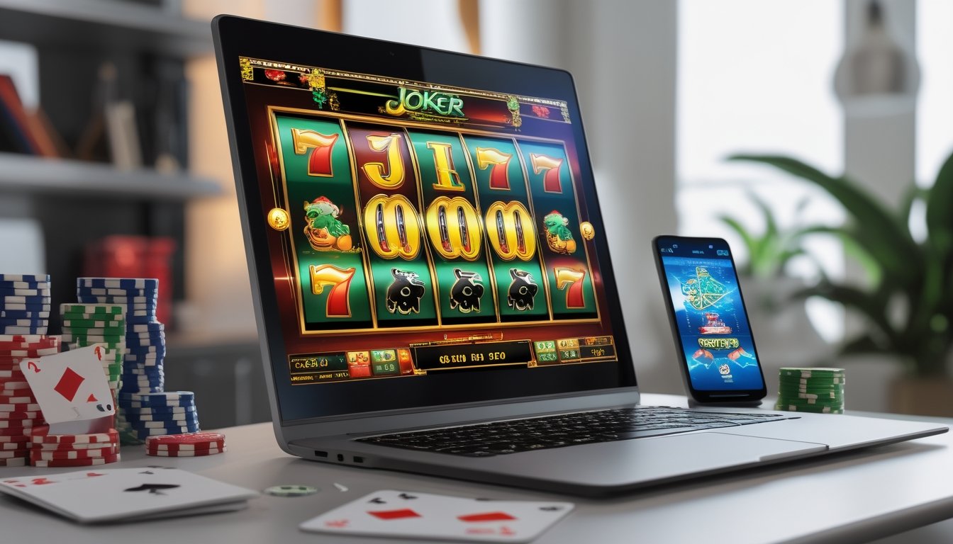 Sebuah layar komputer menampilkan permainan mesin slot dengan tema Joker, dikelilingi oleh chip poker dan kartu remi di meja kerja yang rapi.