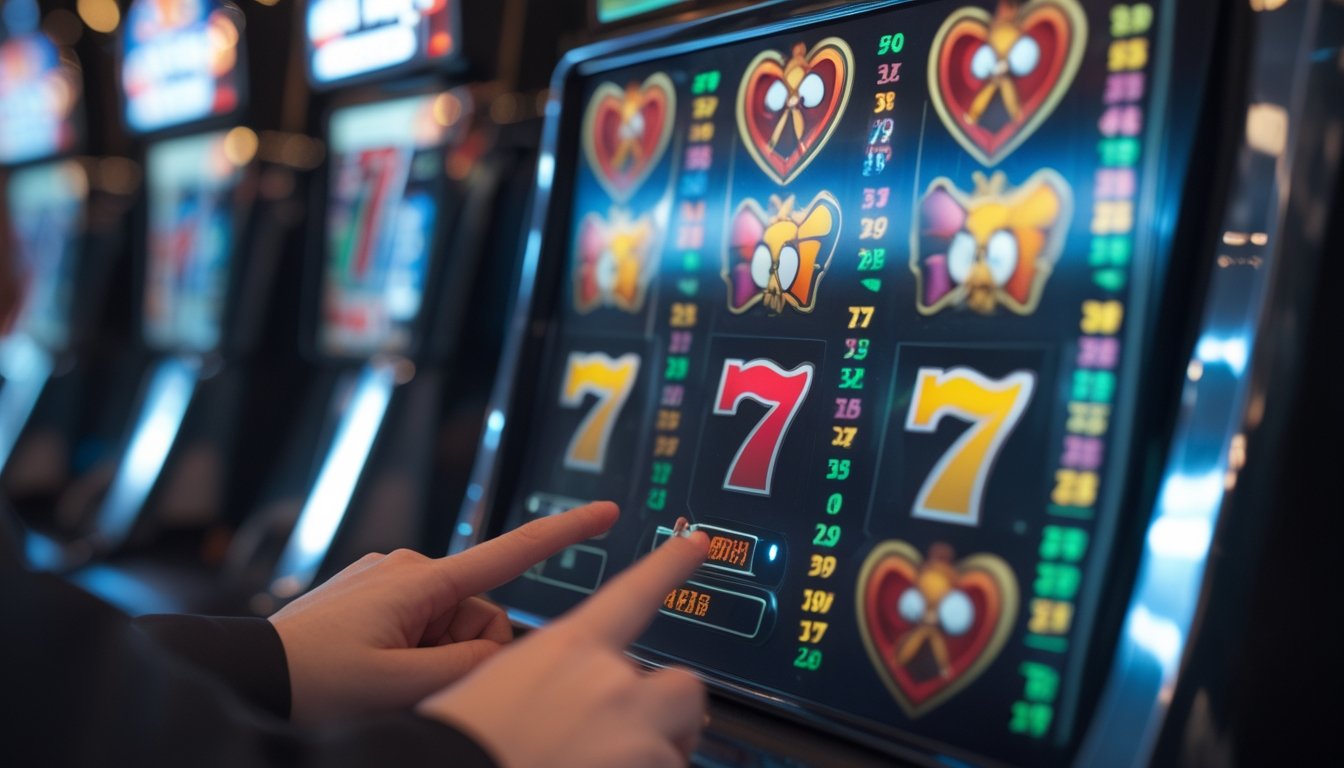 Seorang pemain sedang menggunakan mesin slot Super Joker di kasino dengan layar berwarna-warni dan simbol Joker.