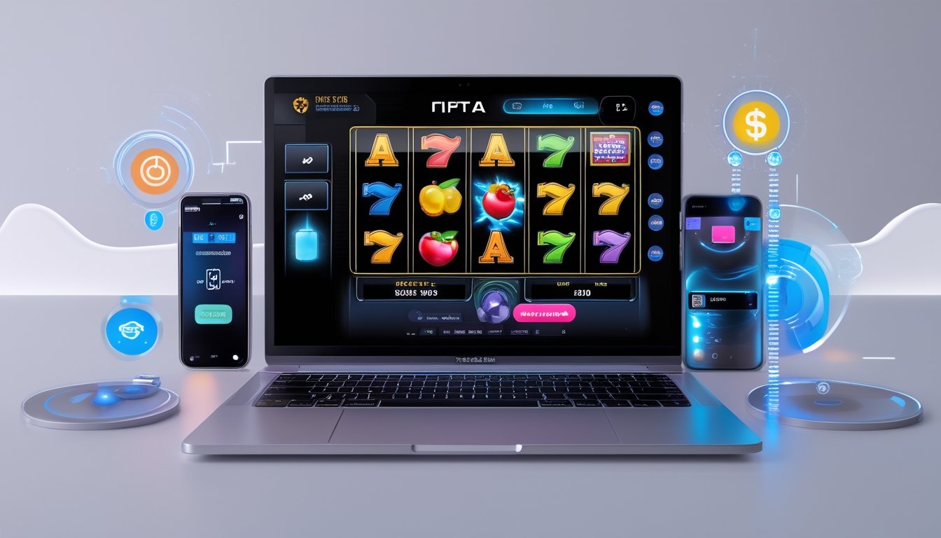 Sebuah laptop menampilkan permainan mesin slot dengan ikon joker dan simbol klasik, dikelilingi oleh ikon pembayaran digital dan ponsel yang menunjukkan konfirmasi pembayaran.