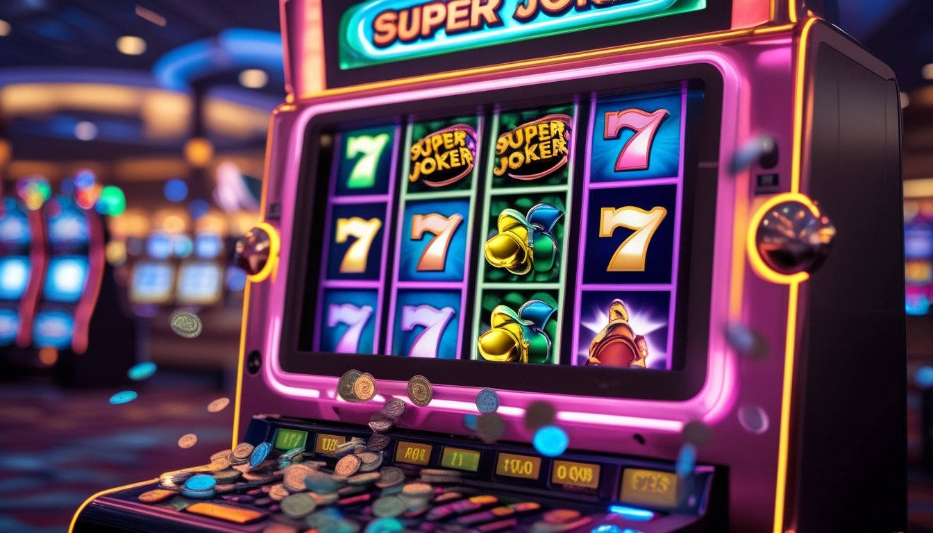 Mesin slot Super Joker 3x3 yang menyala dengan koin keluar, menunjukkan suasana kemenangan jackpot di kasino.