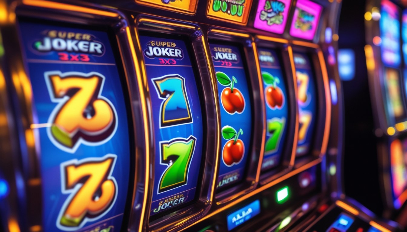 Mesin slot Super Joker 3x3 dengan simbol warna-warni di latar kasino yang ramai.