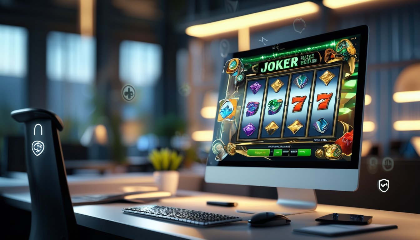 Layar komputer menampilkan permainan slot bertema Joker dengan simbol warna-warni di meja kerja modern.