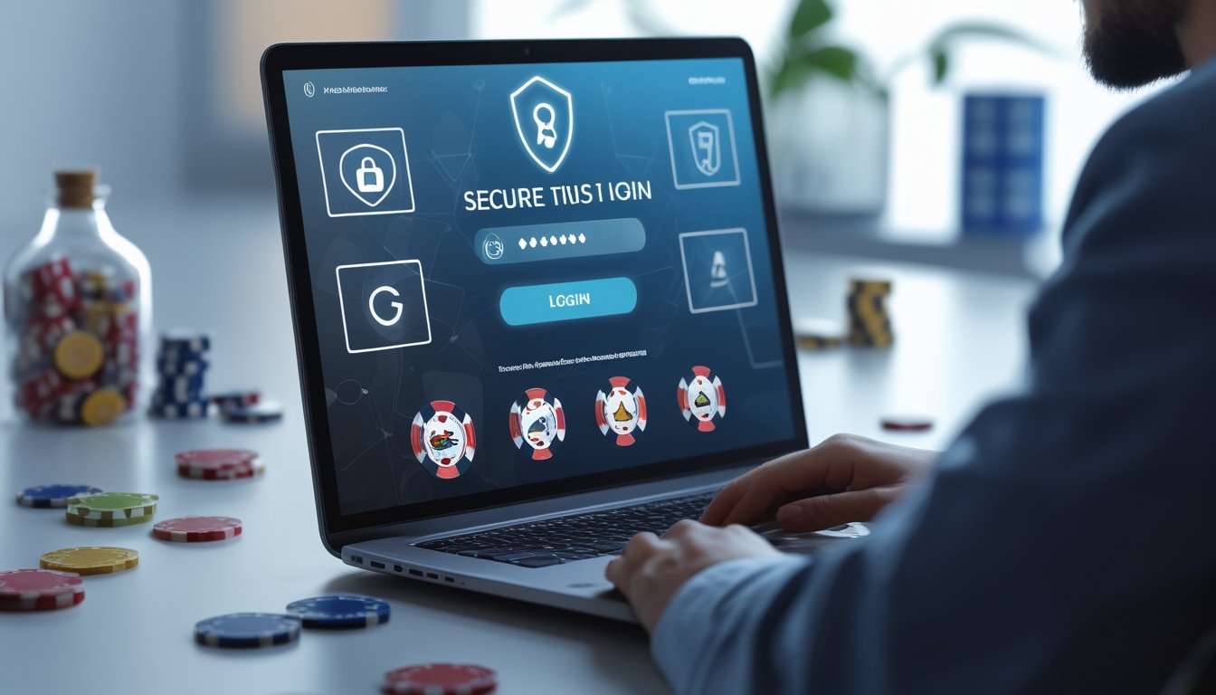 Seseorang menggunakan laptop dengan tampilan login aman dan ikon mesin slot di layar, di meja kerja modern dengan simbol keamanan di latar belakang.