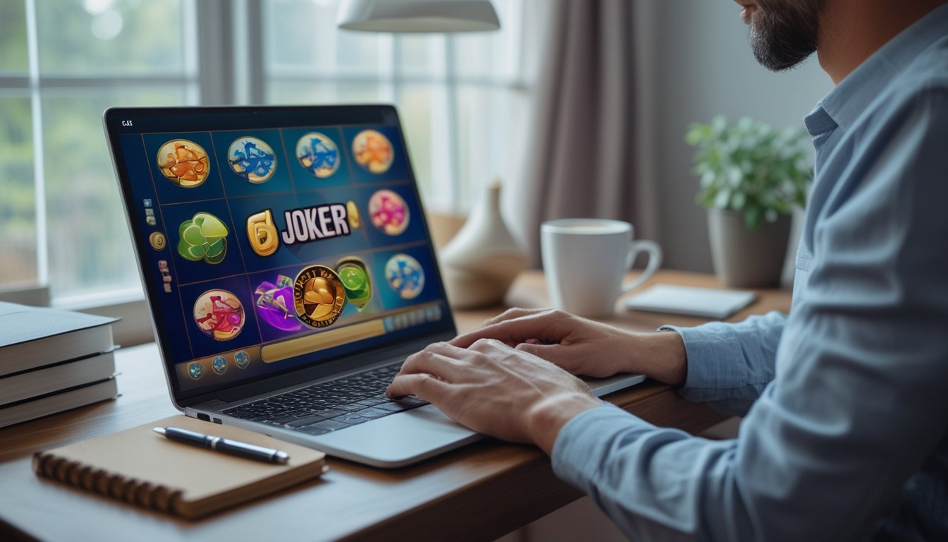 Seorang pria bermain permainan slot online di laptop di meja kayu dengan secangkir kopi di sampingnya di dalam ruangan yang nyaman.