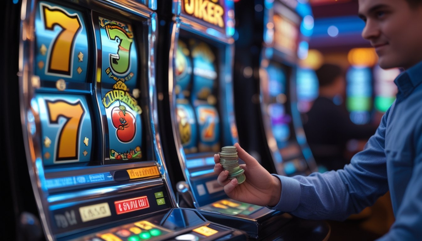 Seorang pemain sedang bermain mesin slot Super Joker dengan koin kecil di kasino modern.