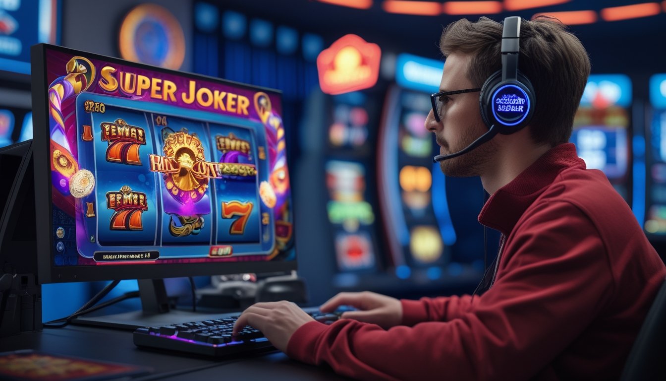Seseorang duduk di depan komputer dengan permainan slot Super Joker di layar, fokus dan serius bermain.
