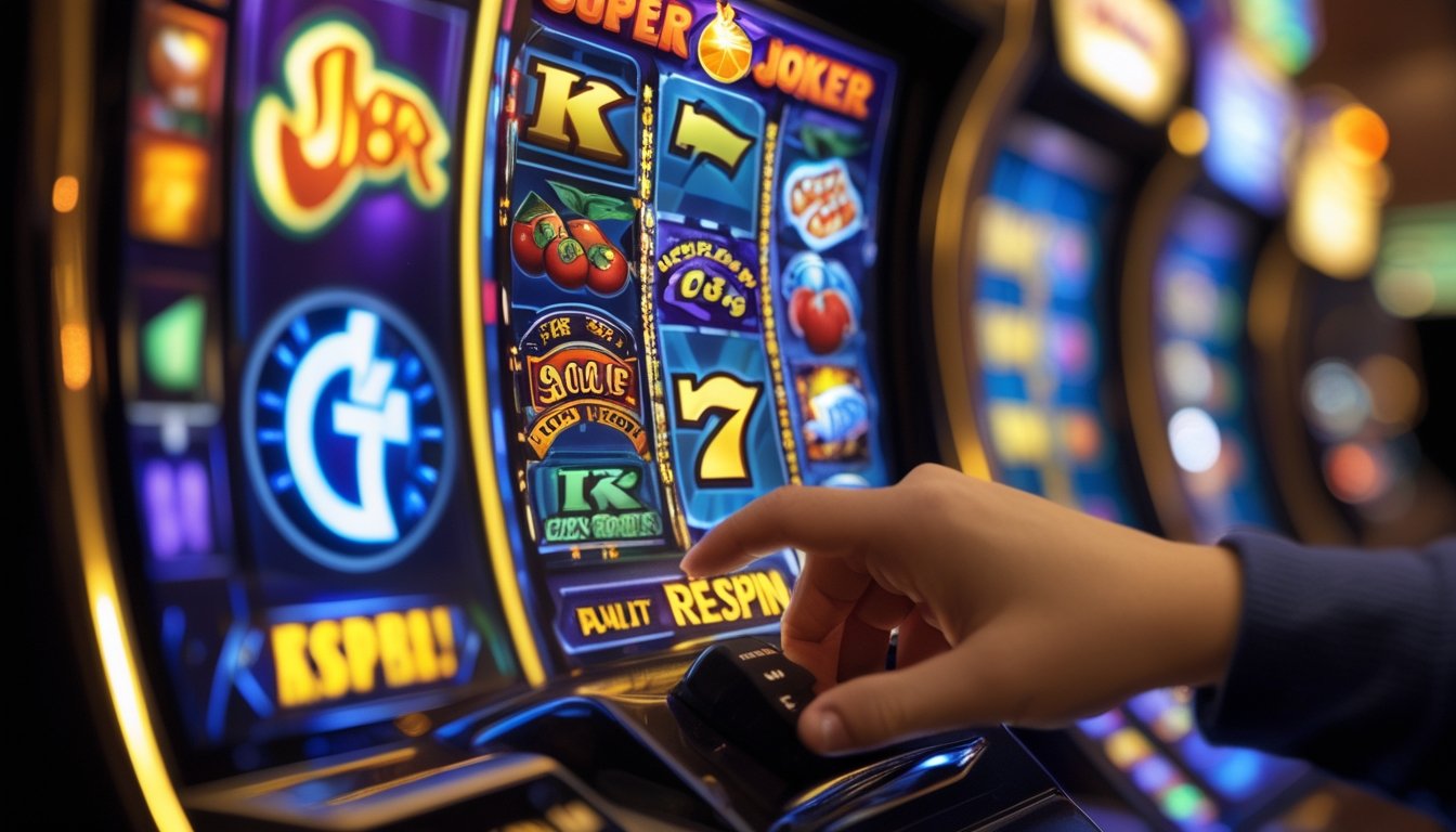 Tangan pemain menekan tombol respin pada mesin slot Super Joker dengan layar penuh warna dan simbol permainan yang terlihat jelas.