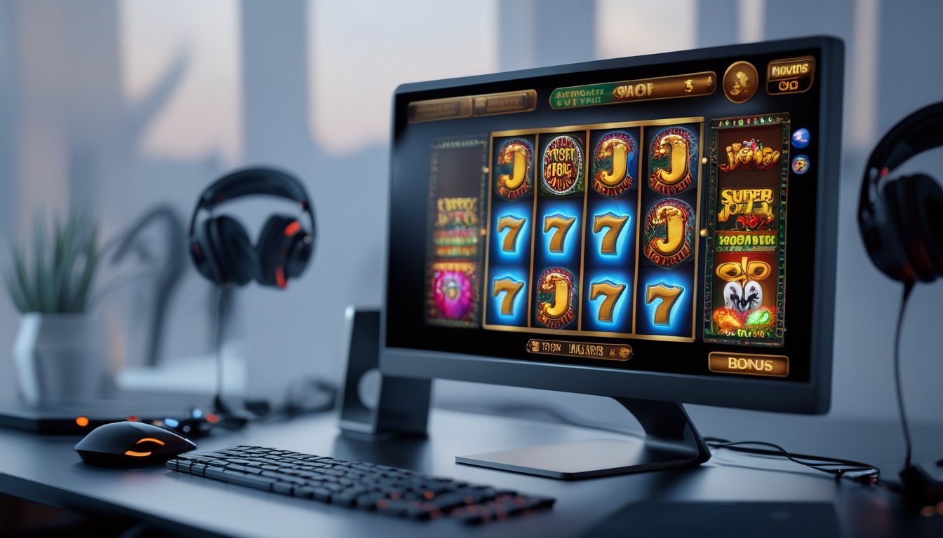 Sebuah meja kerja dengan komputer menampilkan permainan slot online bertema joker dengan simbol warna-warni dan suasana gaming yang nyaman.