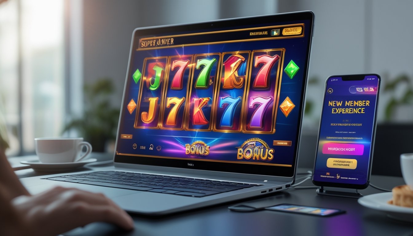 Seseorang menggunakan komputer dengan tampilan permainan slot online bertema joker di layar, di meja kerja yang rapi dengan ponsel dan cangkir kopi di sampingnya.