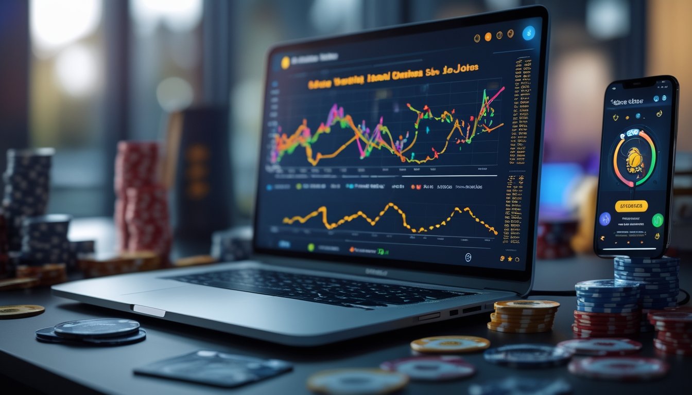 Sebuah ruang kerja modern dengan laptop yang menampilkan grafik dan data terkait permainan slot online Super Joker, dikelilingi oleh chip poker dan kartu remi.