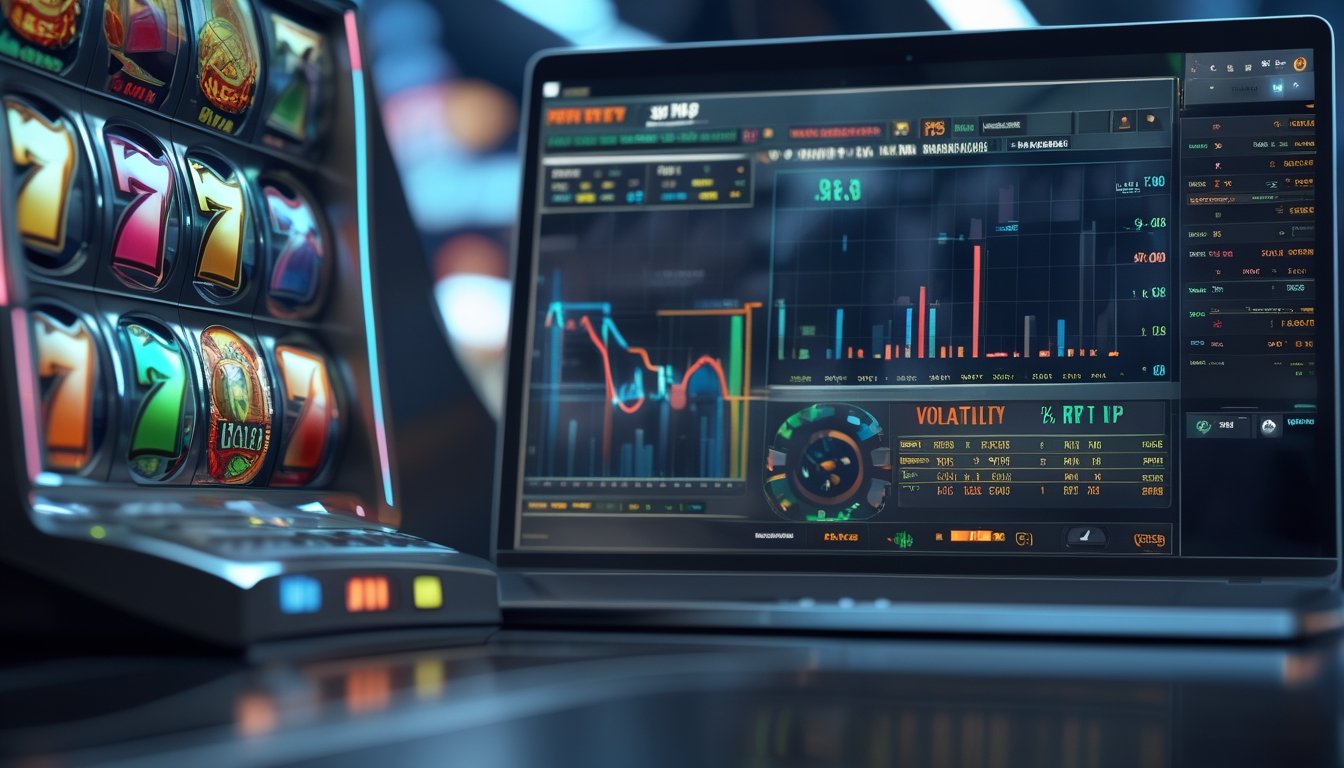 Layar mesin slot digital dengan gulungan berwarna-warni dan grafik analisis volatilitas serta RTP pada perangkat elektronik di latar belakang.