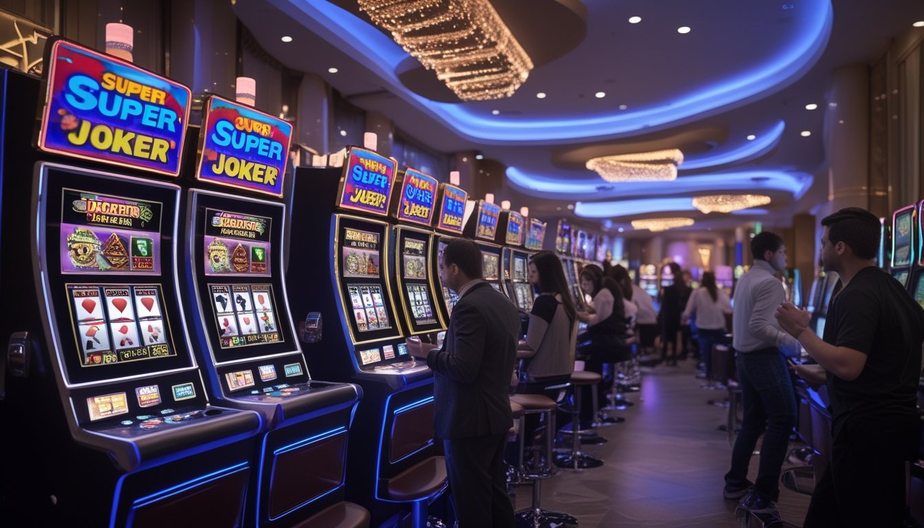 Suasana kasino modern dengan mesin slot warna-warni dan beberapa pemain yang sedang bermain.