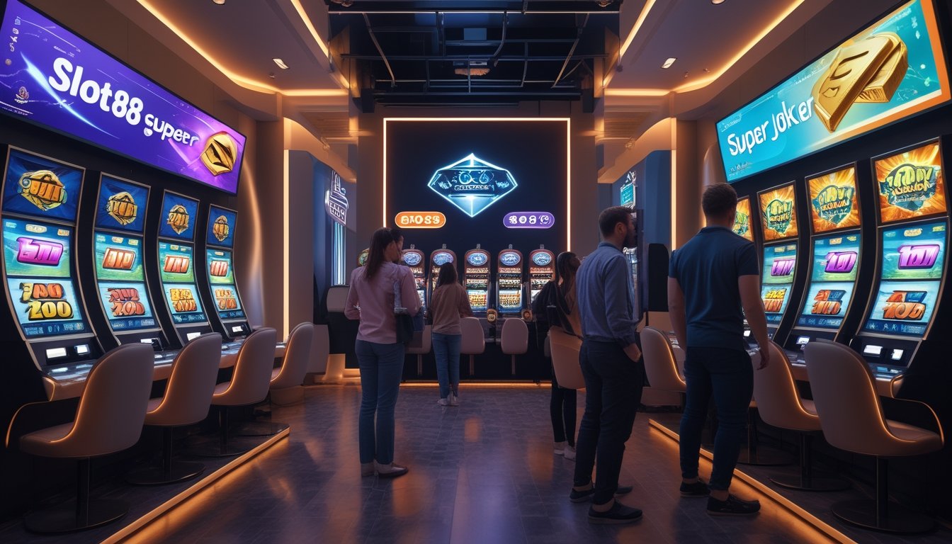 Beberapa orang sedang bermain mesin slot digital di ruang permainan modern dengan layar besar dan pencahayaan futuristik.