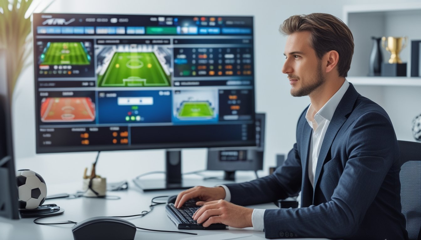 Seorang pria duduk di depan komputer yang menampilkan pertandingan sepak bola dan data taruhan di kantor modern.