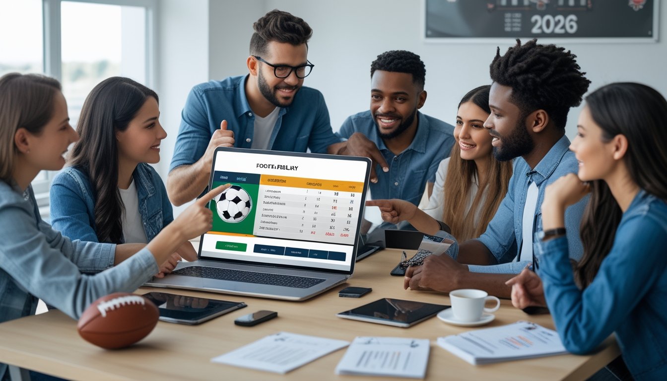 Sekelompok orang muda sedang berdiskusi dan melihat statistik pertandingan bola di tablet dan laptop di sebuah ruangan terang.