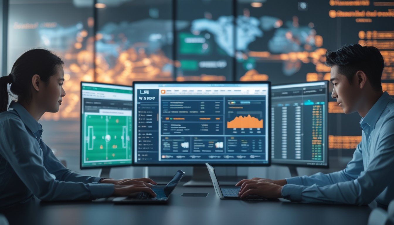 Seseorang sedang menggunakan perangkat digital di ruang kerja modern dengan layar yang menampilkan statistik dan data pertandingan sepak bola.