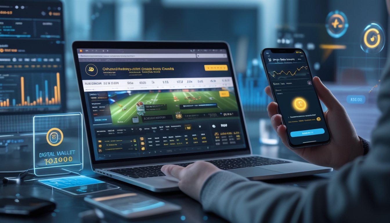 Seorang pria menggunakan laptop dan ponsel pintar di meja kerja modern dengan tampilan aplikasi taruhan bola dan dompet digital.