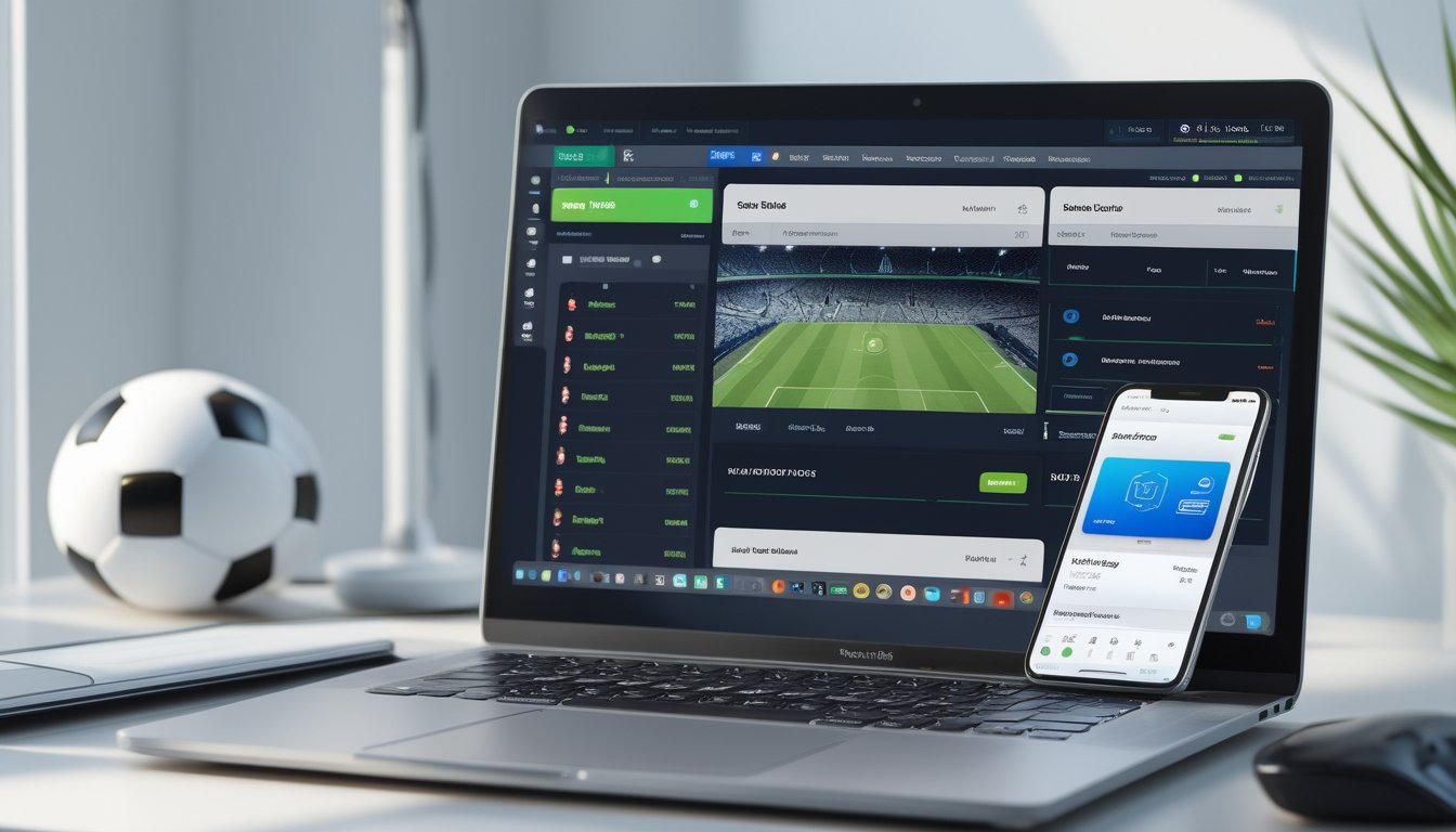 Seorang pria menggunakan laptop dan ponsel untuk melakukan deposit e-wallet pada situs judi bola online dengan latar belakang bola sepak.