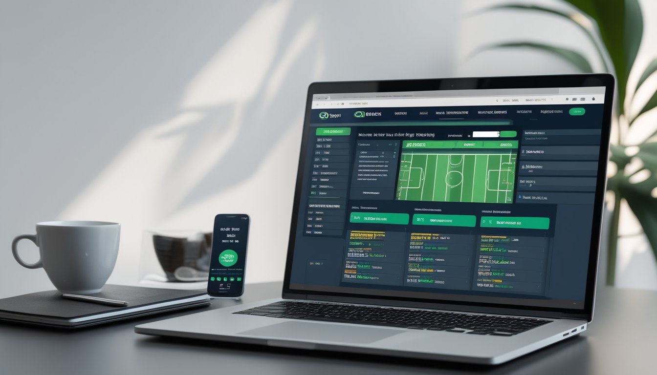 Meja kerja modern dengan laptop dan smartphone yang menampilkan situs taruhan bola online, dilengkapi dengan cangkir kopi dan alat tulis.