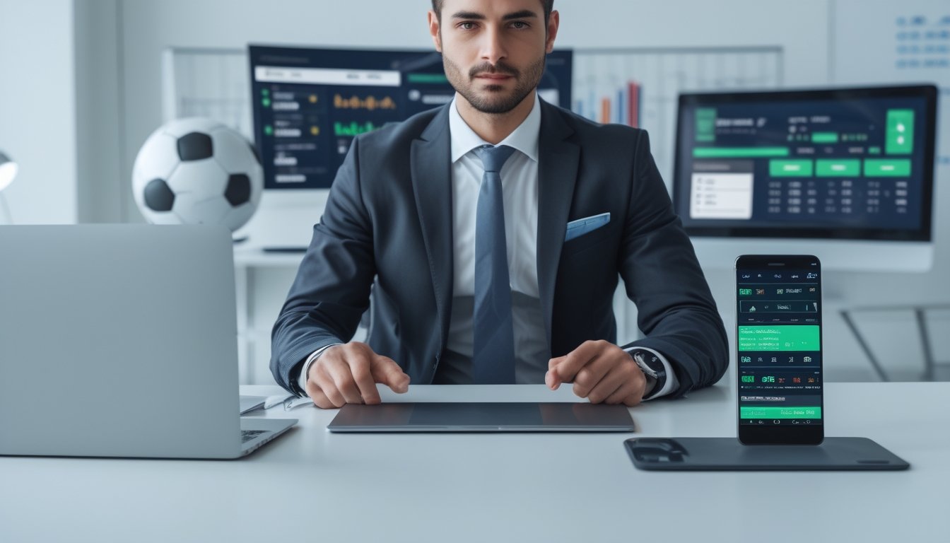 Seorang profesional duduk di meja modern dengan beberapa perangkat digital yang menampilkan platform taruhan bola online dan statistik.