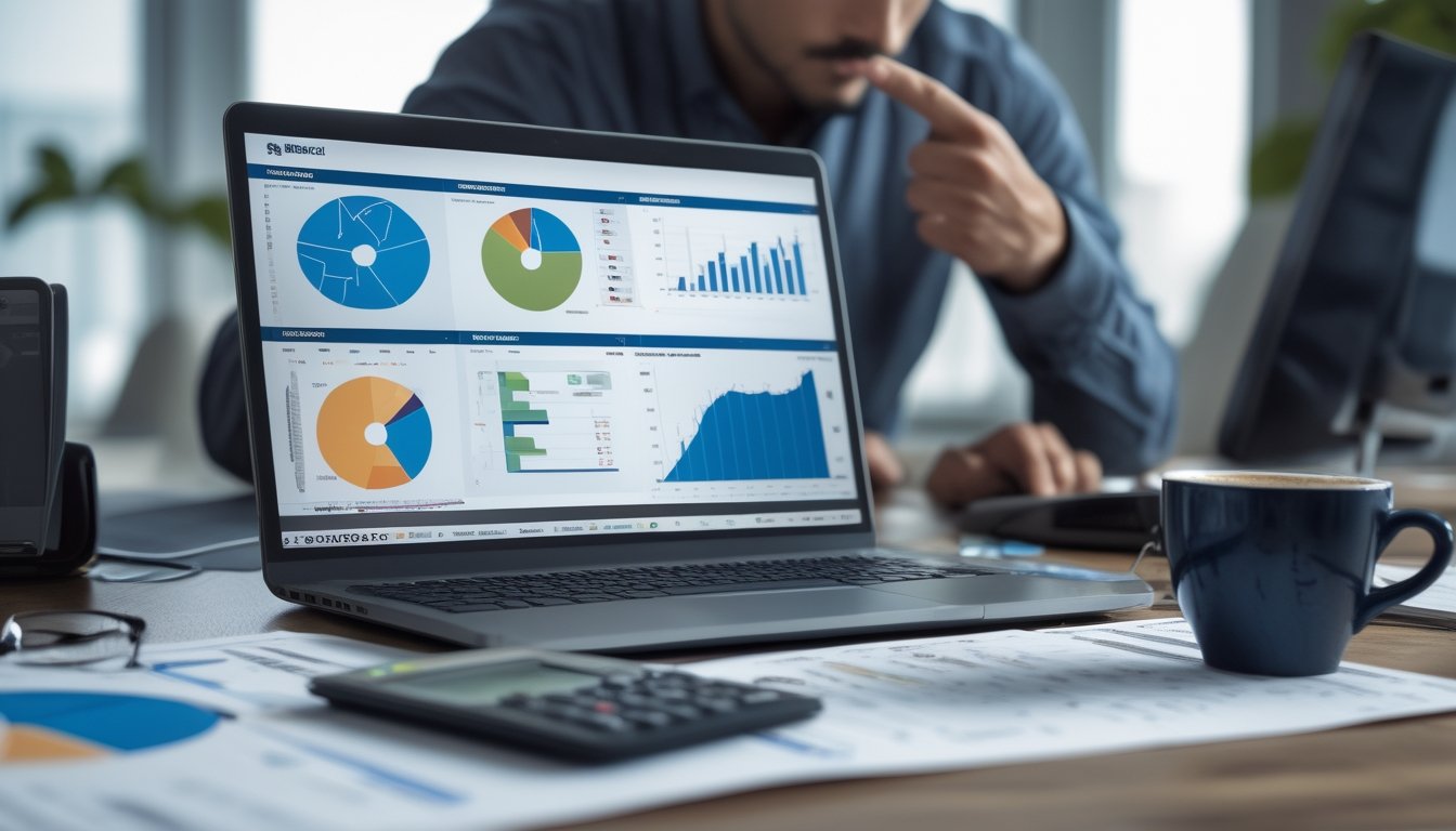 Seseorang sedang menganalisis data statistik sepak bola di depan laptop dengan grafik dan tabel di meja kerja.