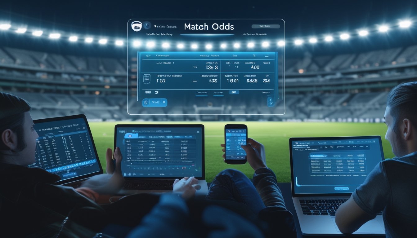Orang-orang menggunakan perangkat digital untuk bertaruh pada pertandingan sepak bola yang sedang berlangsung di stadion malam hari.
