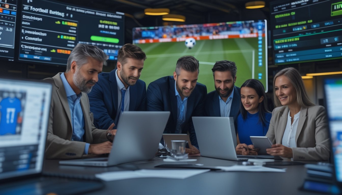 Orang-orang sedang menggunakan komputer dan ponsel untuk memasang taruhan bola dengan layar menampilkan pertandingan sepak bola dan data taruhan.