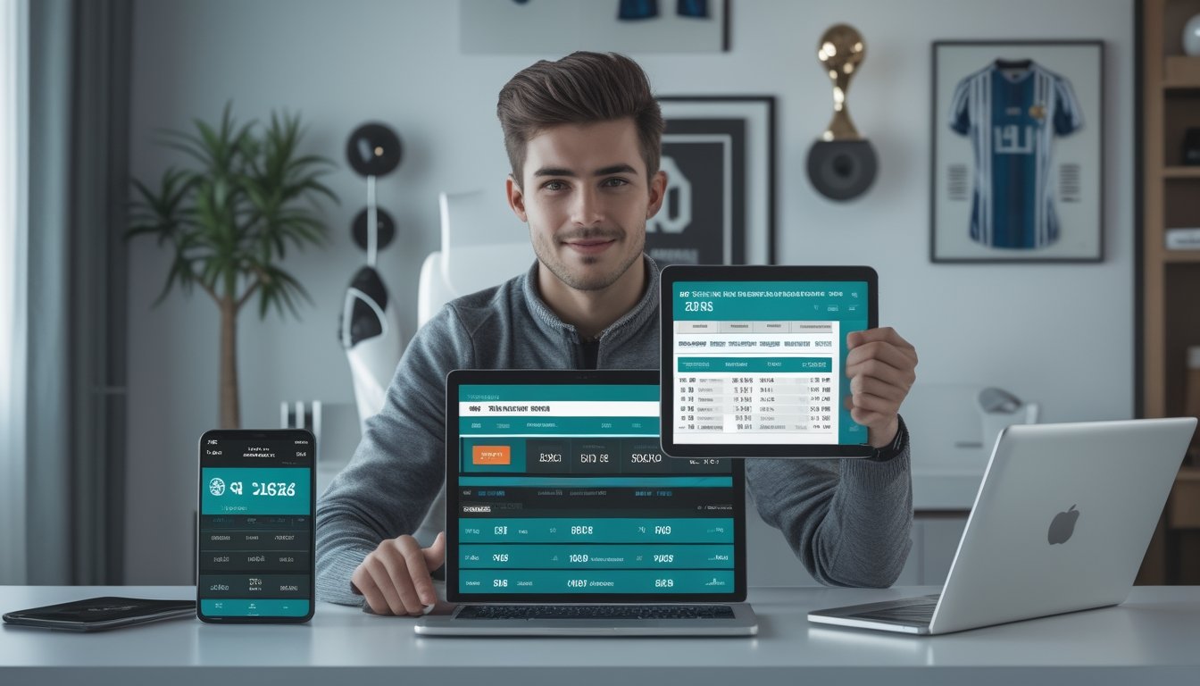 Seorang pria muda duduk di meja modern dengan beberapa perangkat digital yang menampilkan statistik dan skor pertandingan sepak bola.