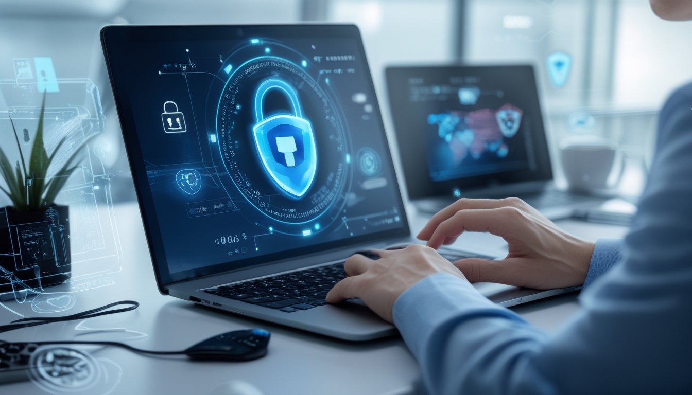 Seseorang menggunakan laptop dengan ikon kunci digital di layar, menunjukkan keamanan transaksi dan perlindungan data.