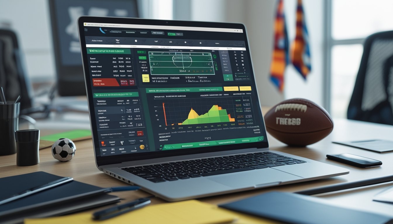 Seorang pria sedang bekerja di depan laptop dengan tampilan data taruhan sepak bola, dikelilingi oleh alat tulis dan ponsel di meja kerja.