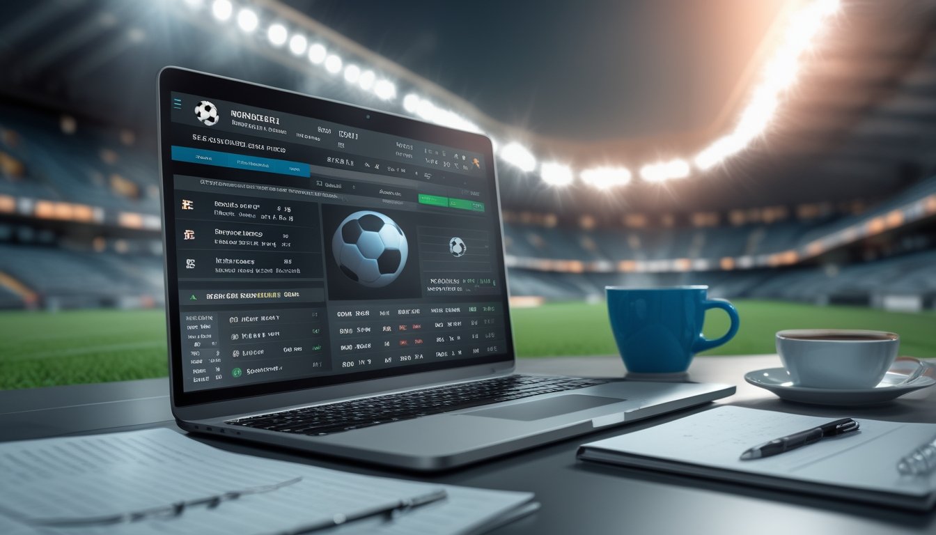Meja kerja dengan laptop yang menampilkan statistik taruhan sepak bola, ponsel dengan skor langsung, dan cangkir kopi, dengan latar belakang stadion sepak bola yang samar.