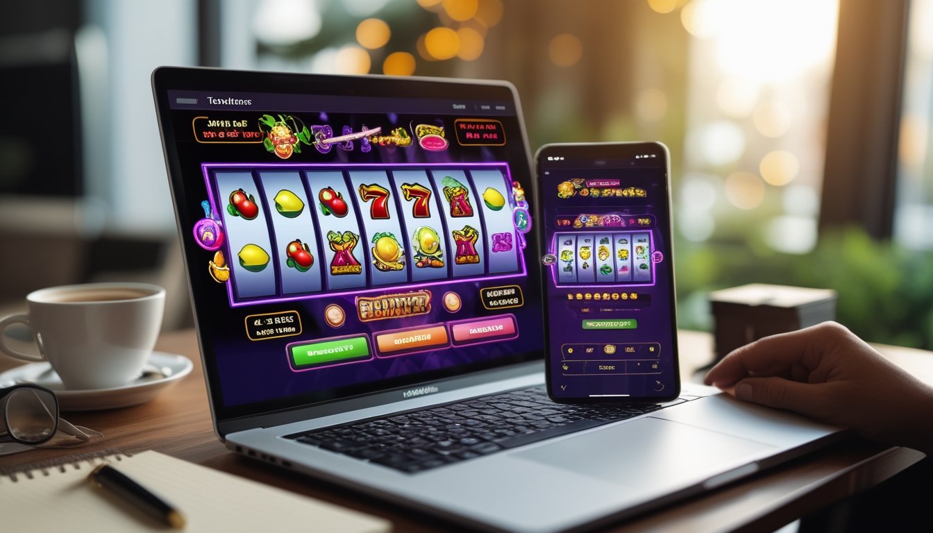 Seorang pengguna sedang bermain permainan slot online di laptop dan ponsel di meja kerja dengan suasana nyaman.