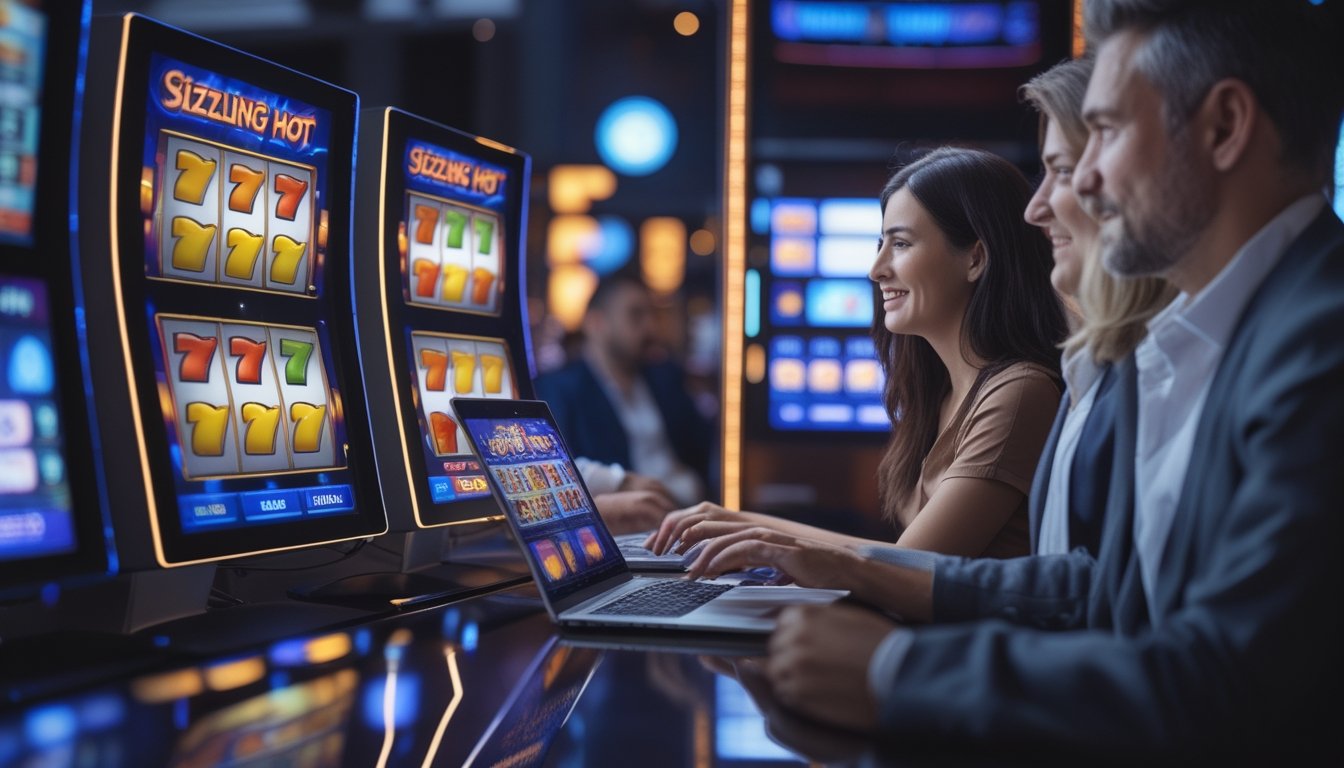 Orang-orang bermain mesin slot di lingkungan kasino online yang modern dengan layar berwarna cerah dan suasana santai.