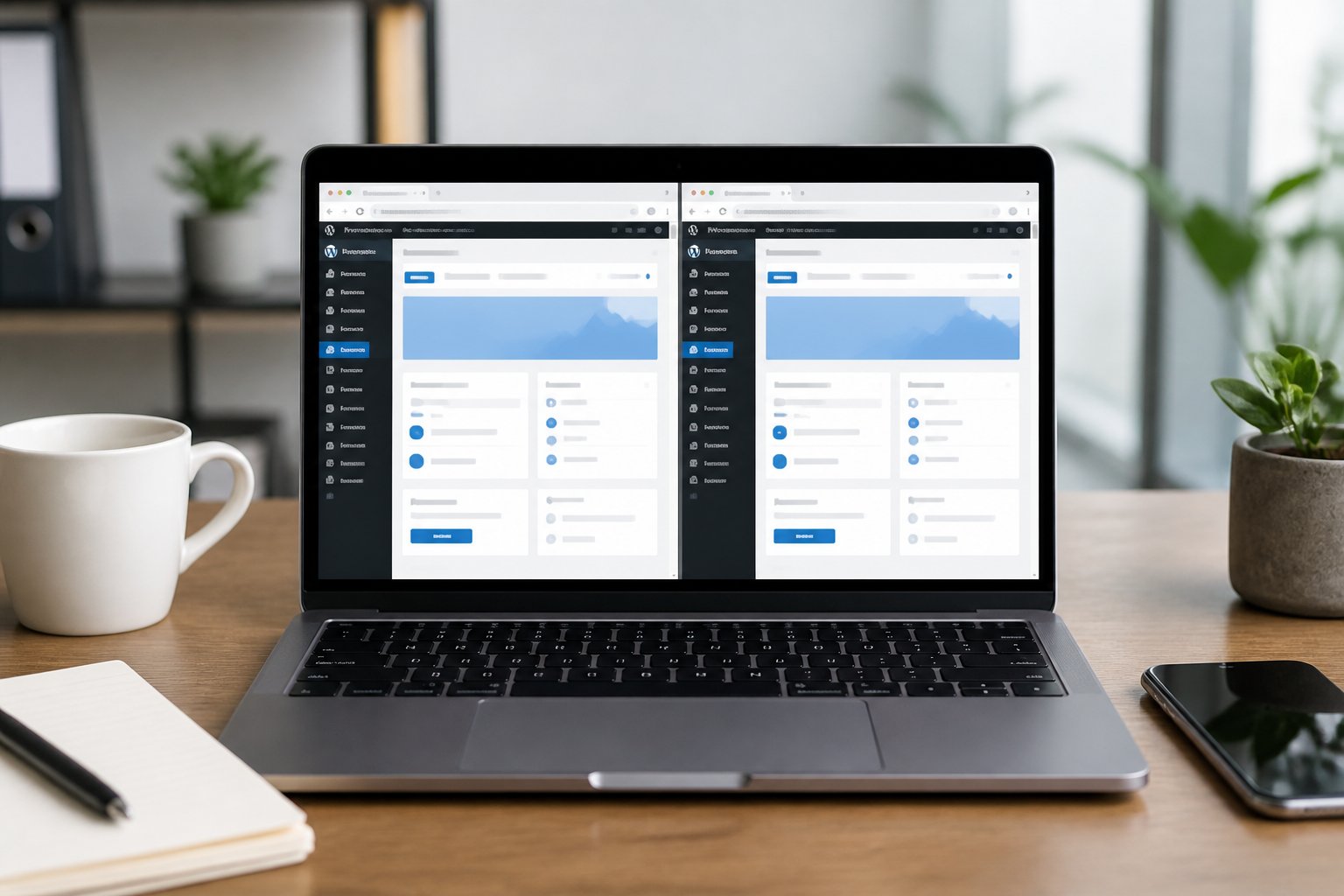WordPress-Seite duplizieren 1 Ein moderner Arbeitsplatz mit einem Laptop, auf dem zwei nebeneinander geöffnete WordPress-Dashboards zu sehen sind.