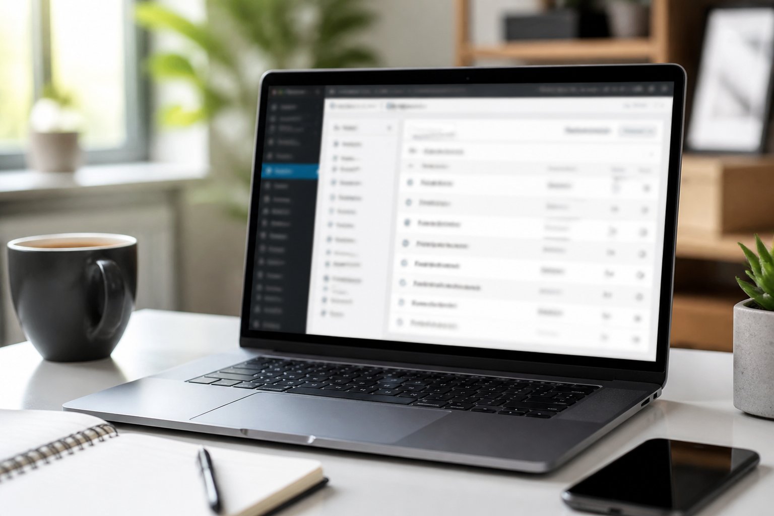 WordPress-Seite duplizieren 2 Ein moderner Arbeitsplatz mit einem Laptop, der eine WordPress-Benutzeroberfläche zeigt, umgeben von Büroartikeln auf einem Schreibtisch.