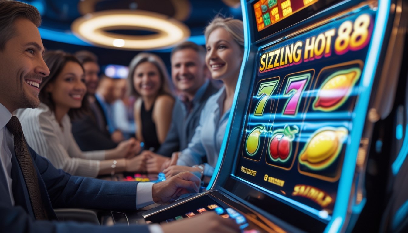Orang-orang bermain mesin slot Sizzling Hot 88 dengan simbol buah berwarna-warni di kasino yang terang dan modern.