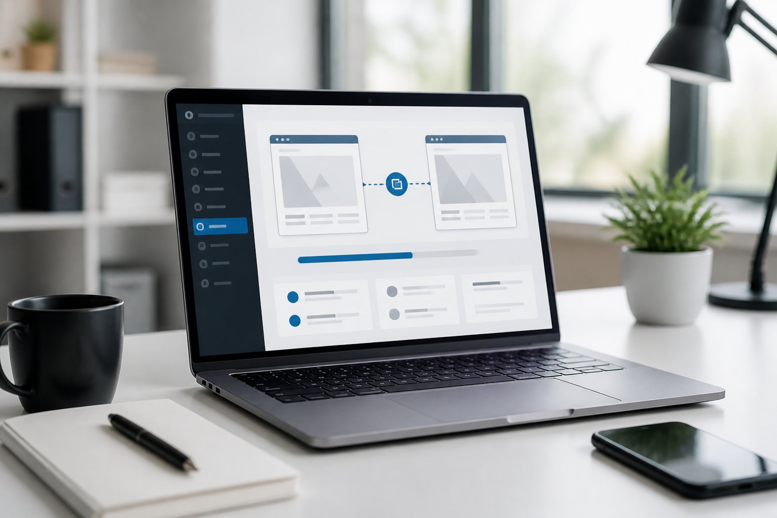 WordPress-Seite duplizieren 3 Ein moderner Arbeitsplatz mit einem Laptop, auf dem ein WordPress-Dashboard zu sehen ist, um eine Webseite zu duplizieren, umgeben von Büroartikeln in einem hellen Büro.