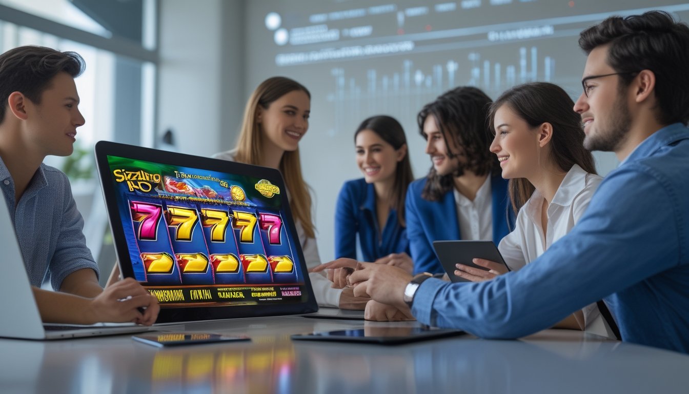 Sekelompok profesional muda berdiskusi di kantor modern dengan layar sentuh menampilkan grafik mesin slot berwarna-warni.