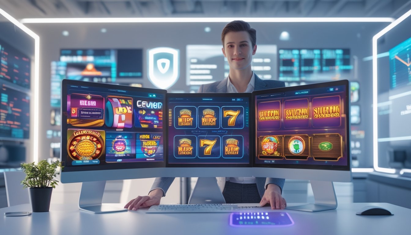 Seorang profesional menggunakan komputer dengan layar menampilkan permainan slot online yang berwarna-warni, di lingkungan yang modern dan aman.