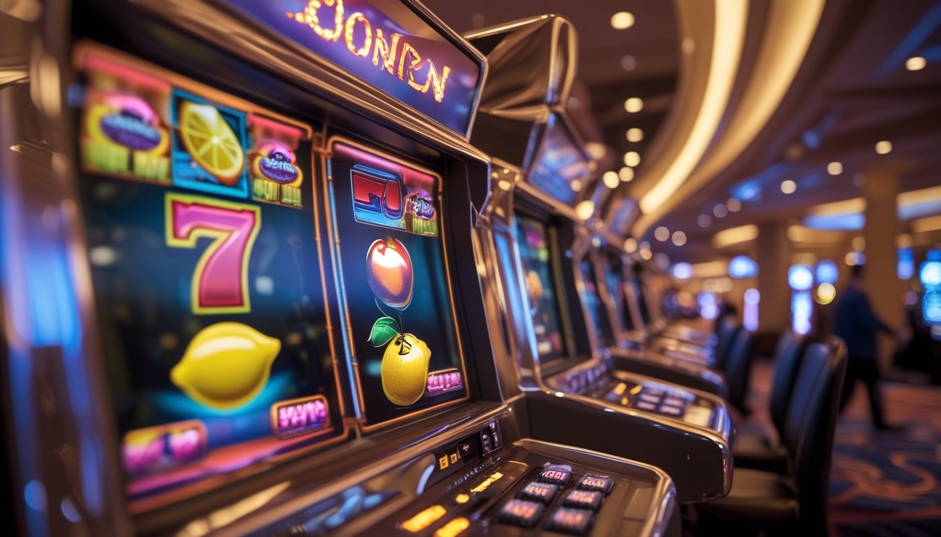 Area mesin slot di kasino dengan layar mesin slot berwarna cerah dan simbol buah klasik, suasana kasino yang ramai dan pencahayaan hangat.