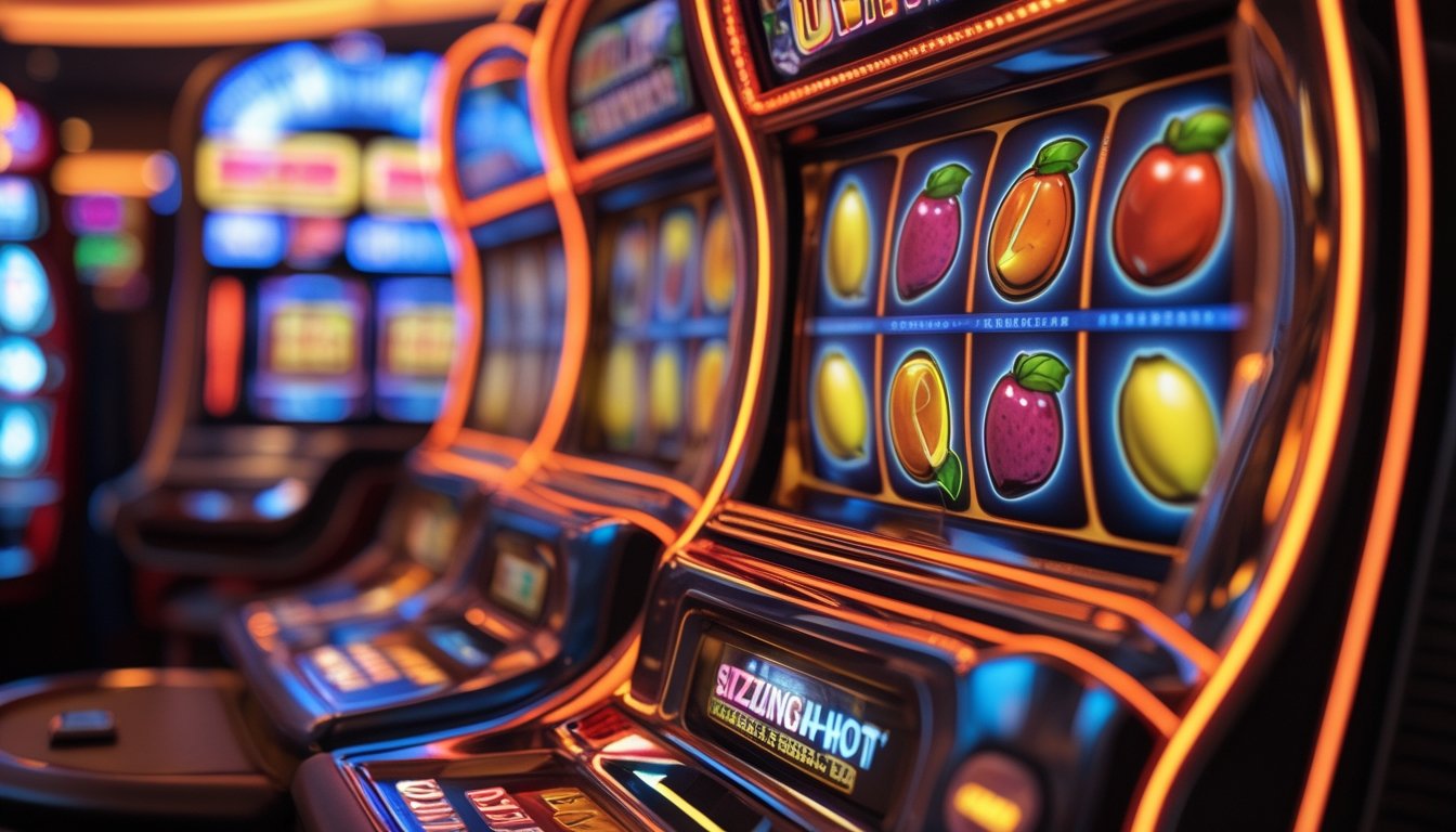 Mesin slot dengan simbol buah berwarna cerah di dalam kasino yang terang dan menarik.