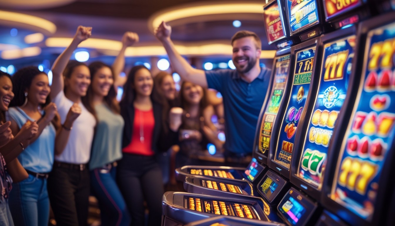 Mesin slot modern dengan gulungan berwarna cerah dan pemain yang sedang merayakan kemenangan di latar belakang.