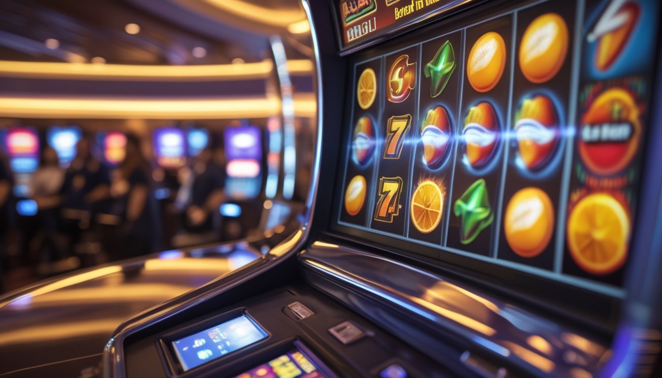 Layar mesin slot digital dengan simbol buah berwarna cerah di kasino yang ramai dengan pemain.