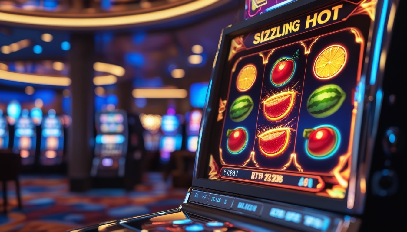 Mesin slot berwarna cerah dengan simbol buah di dalam kasino yang modern dan terang.