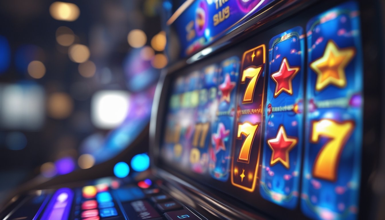 Layar perangkat menampilkan permainan slot online dengan simbol buah dan angka tujuh yang berwarna cerah.