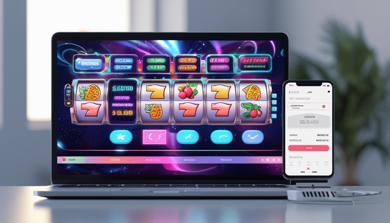 Seorang pengguna menggunakan laptop dan ponsel untuk melakukan deposit e-wallet tanpa potongan pada permainan slot online.
