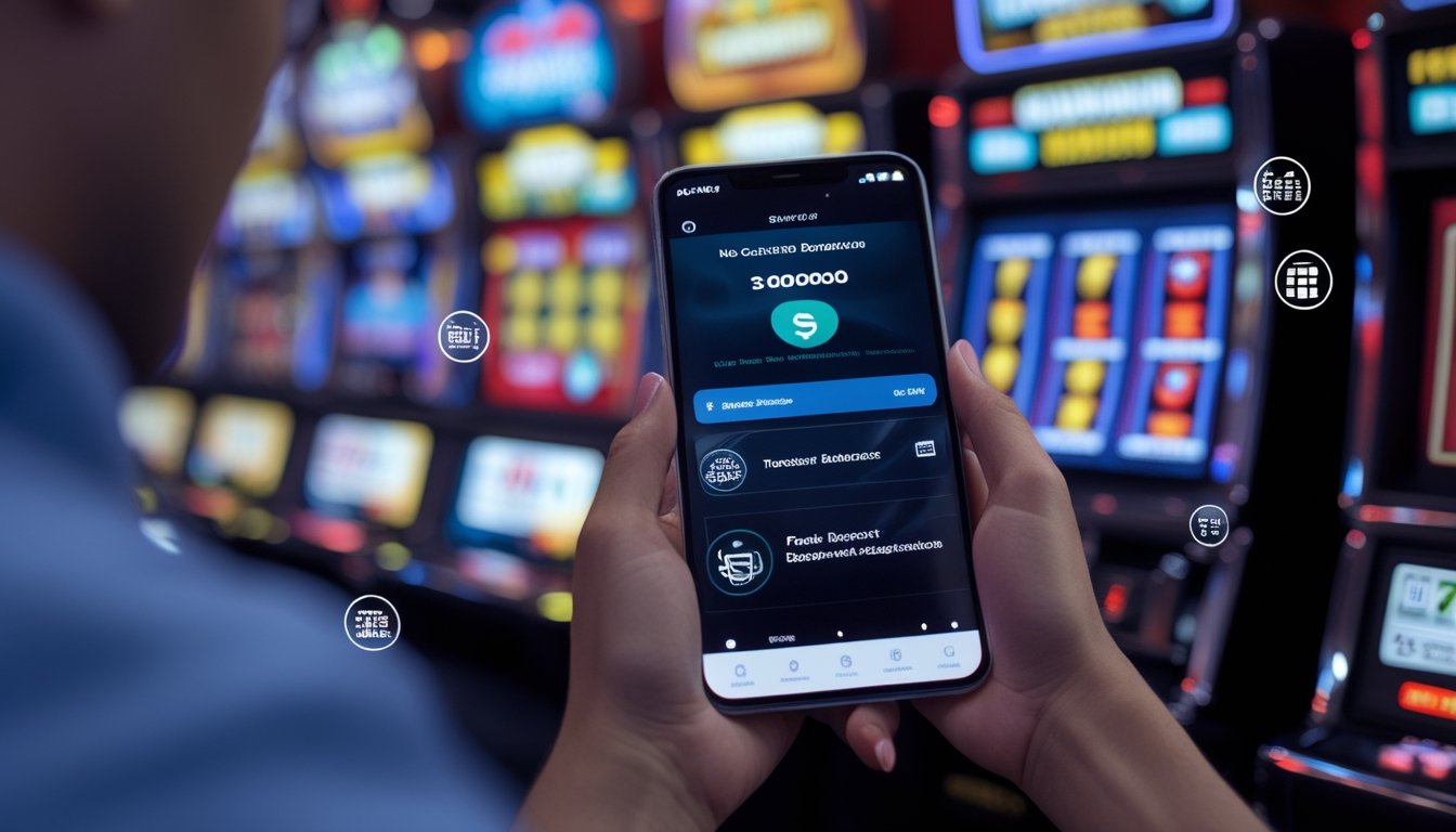 Tangan memegang ponsel dengan aplikasi e-wallet terbuka di depan mesin slot yang menyala di latar belakang.
