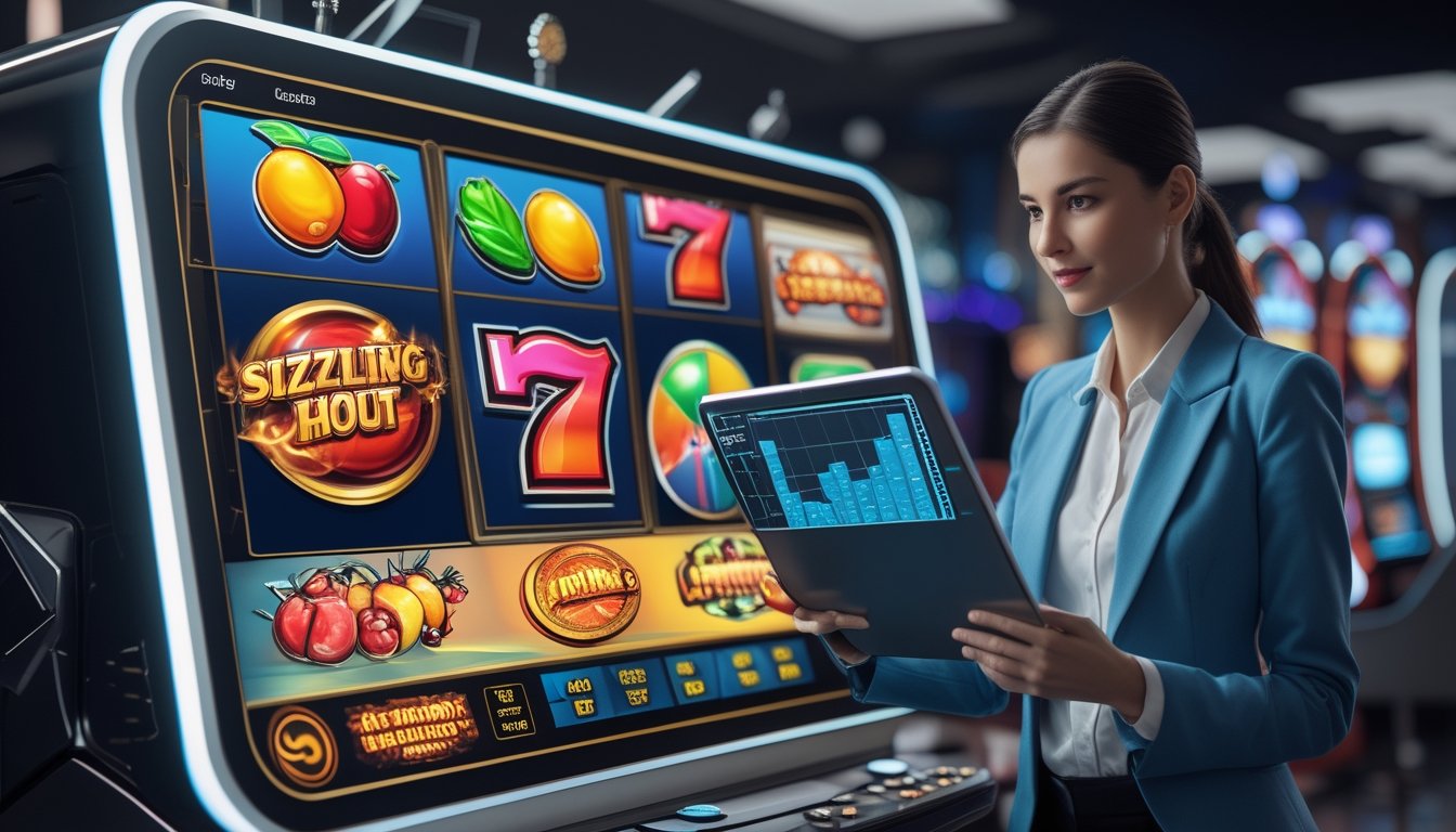 Seseorang sedang menganalisis mesin slot digital dengan simbol buah dan angka tujuh di layar, di lingkungan kasino modern dengan tampilan grafik dan ikon fitur permainan.