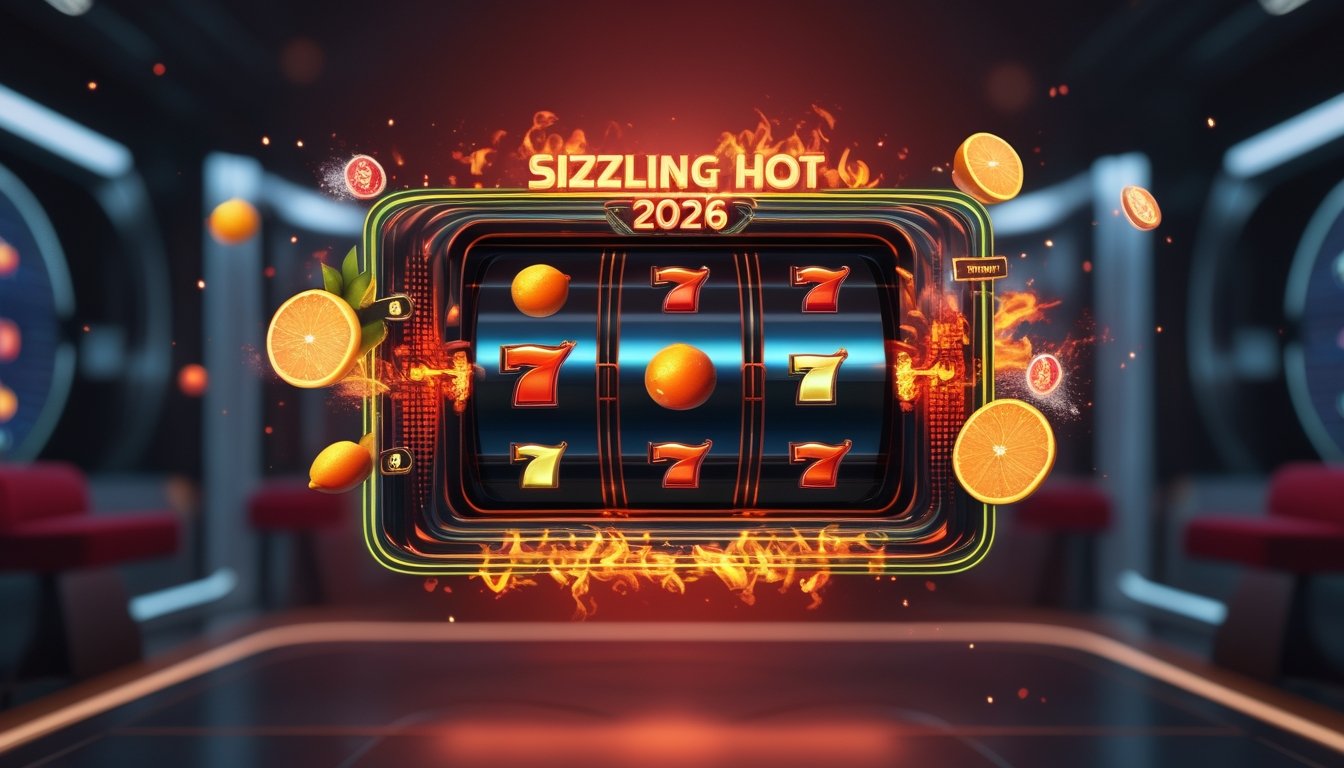 Mesin slot digital modern dengan simbol buah berwarna cerah dan efek api di latar gelap.